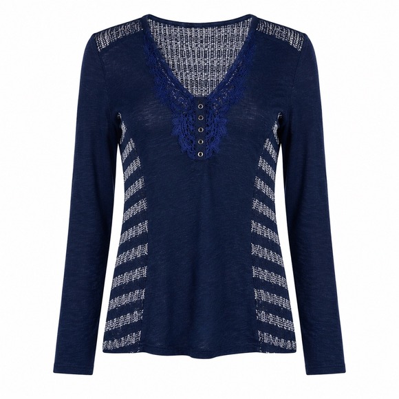 Miss Me Y2k Henley Top Women's L Crochet Beaded Sheer Sparkling Navy Blue Silver